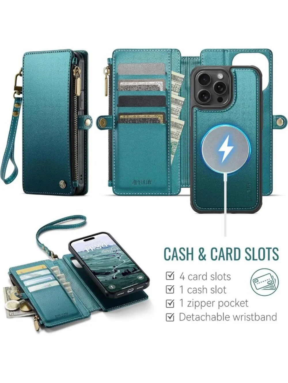 Turquoise Magnetic Detachable Wallet Phone Case for iPhone 14 Pro - Stylish